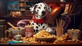 Dalmatian Dog at the Table messed up with Popcorn and Snacks is Watching Movies. Generative AI