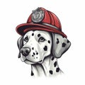 a dalmatian dog wearing a fireman\'s hat with a fireman\'s badge on it\'s forehead and a white background