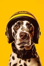 Dalmatian dog wearing helmet and looking up at the camera. Generative AI Royalty Free Stock Photo