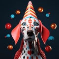 A dalmatian dog wearing a party hat and clown makeup