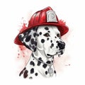 a dalmatian dog wearing a red fireman\'s hat with watercolor splashes on the back of its head and neck