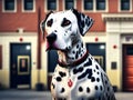 Dalmatian in front of firehouse