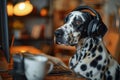 A Dalmatian with headphones watching a dog training tutorial on a computer eager to learn new tricks