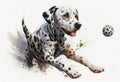 Dalmatian pet dog watercolour portrait painting of a canine purebred pedigree breed with black spots on a white fur body playing Royalty Free Stock Photo