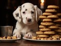 Dalmatian puppy balancing pancakes on tiny plate pic