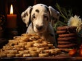Dalmatian puppy balancing pancakes on tiny plate pic