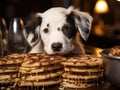 Dalmatian puppy balancing pancakes on tiny plate pic