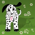 Dalmatian puppy cartoon, dog with long ears and tired tongue on green meadow with small white flowers