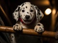 Dalmatian puppy firefighter sliding down mock pole