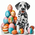 A Dalmatian puppy sits next to a pile of Easter eggs. Royalty Free Stock Photo