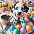 A Dalmatian puppy sits on a table surrounded by Easter eggs. There are multiple colored eggs, a cup of coffee, a bowl of oranges Royalty Free Stock Photo