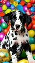 Dalmatian Puppy with Splashes of Colourful Paints and Easter Eggs illustration Artificial Intelligence artwork generated Royalty Free Stock Photo