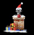 Dalmatian santa dog with christmas ball climbs out of chimney. Isolated on black Royalty Free Stock Photo