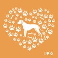 Dalmatian Silhouette On A Background Of Dog Tracks And Bones In The Form Of Heart. Design Element For Postcard, Banner, Poster Or