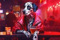 Dalmatian sitting at table with drink in front of him. Generative AI