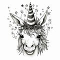 Fantasy Illustration: Black And White Llama In Crown With Stars