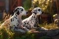 Dalmatians dogs garden sun. Generate Ai