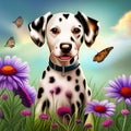 Dalmation Puppy with Flowers and Butterflies - generated with the use of AI Royalty Free Stock Photo