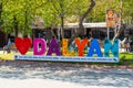 DALYAN, TURKEY: Huge multicolored letters of the name DALYAN and a heart at the entrance to a popular town in Turkey.