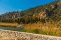 DALYAN, MUGLA, TURKEY: Rock-cut temple tombs of the ancient city Kaunos in Dalyan. Royalty Free Stock Photo