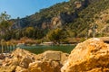 DALYAN, MUGLA, TURKEY: Rock-cut temple tombs of the ancient city Kaunos in Dalyan. Royalty Free Stock Photo