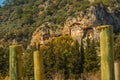 DALYAN, TURKEY: Rock-cut temple tombs of the ancient city Kaunos in Dalyan. Royalty Free Stock Photo