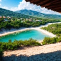 Dalyan river and Iztuzu turtle beach in Aegean mine under dramatic skies. Panorama. View from above. Dalyan, Turkey Royalty Free Stock Photo