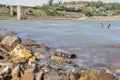 Dam of Cornalvo Reservoir from shore, Spain