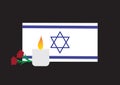 Israel Memorial day concept, Blue White Israel flag. memorial candle and dam hamaccabim blood of the Maccabees flower