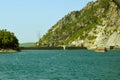 The dam of a hydroelectric power station. View from the water area of the Green Canyon. Royalty Free Stock Photo