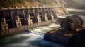 A dam with rushing water turning turbines, representing hydroelectric power generation from water\'s kinetic energy