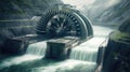 A dam with rushing water turning turbines, representing hydroelectric power generation from water\'s kinetic energy