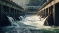 A dam with rushing water turning turbines, representing hydroelectric power generation from water\'s kinetic energy