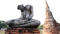 damage Buddha statue on white background, pagoda background, Thailand