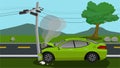 Damage green car crash pole electric city accident cannot drive.