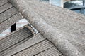 Damage roof of a villager house caused by thunderstorm. Royalty Free Stock Photo