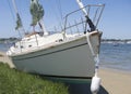 Damage on sailboat washed ashore on Nantucket by Hurricane Royalty Free Stock Photo