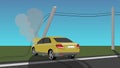 Damage yellow car crash pole electric city accident cannot drive.