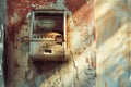 Damaged, abandoned retro ATM, out of order destroyed cash machine. Financial crisis abstract concept Royalty Free Stock Photo