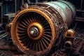 damaged airplane engine with visible internal parts