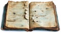 Damaged antique notebook, open pages, white background, history Royalty Free Stock Photo