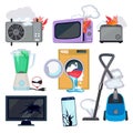 Damaged appliance. Broken household equipment fire stove microwave washing machine repair laptop computer vector