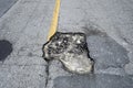 Damaged asphalt road with deep pothole on american highway surface. Ruined roadway in urgent need of repair