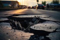 Damaged asphalt road with deep pothole. Generative AI Royalty Free Stock Photo