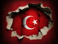 Damaged brick wall with national Turkey flag, Earthquake in Turkish building