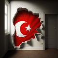 Damaged brick wall with national Turkey flag, Earthquake in Turkish building