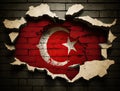 Damaged brick wall with national Turkey flag, Earthquake in Turkish building