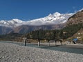 Damaged bridge, Marsyangdi River and Dhaulagiri, Lower Mustang Nepal