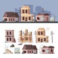 Damaged buildings. Bad old trouble houses abandoned exterior wooden destroyed constructions vector collection set