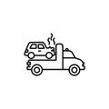 Damaged car on the tow truck. Vector isolated outline drawing. Editable stroke Royalty Free Stock Photo